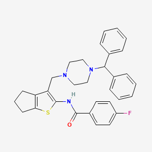 molecular formula C32H32FN3OS B2827397 N-(3-((4-benzhydrylpiperazin-1-yl)methyl)-5,6-dihydro-4H-cyclopenta[b]thiophen-2-yl)-4-fluorobenzamide CAS No. 671201-10-8