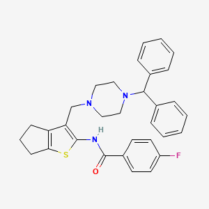 molecular formula C32H32FN3OS B2827397 N-(3-((4-苯甲基哌嗪-1-基)甲基)-5,6-二氢-4H-环戊并[b]噻吩-2-基)-4-氟苯田酰胺 CAS No. 671201-10-8