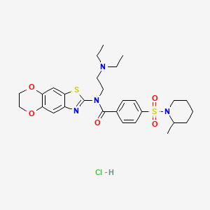 molecular formula C28H37ClN4O5S2 B2827414 N-(2-(diethylamino)ethyl)-N-(6,7-dihydro-[1,4]dioxino[2',3':4,5]benzo[1,2-d]thiazol-2-yl)-4-((2-methylpiperidin-1-yl)sulfonyl)benzamide hydrochloride CAS No. 1321732-85-7