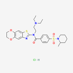 molecular formula C28H37ClN4O5S2 B2827414 N-(2-(二乙基氨基)乙基)-N-(6,7-二氢-[1,4]二氧杂环[2',3':4,5]苯并[1,2-d]噻唑-2-基)-4-((2-甲基哌啶-1-基)磺酰)苯甲酰胺盐酸盐 CAS No. 1321732-85-7