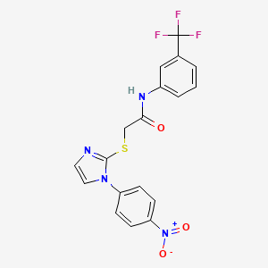 molecular formula C18H13F3N4O3S B2827434 2-[1-(4-nitrophenyl)imidazol-2-yl]sulfanyl-N-[3-(trifluoromethyl)phenyl]acetamide CAS No. 851079-74-8