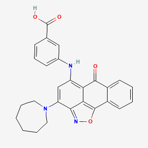 molecular formula C27H23N3O4 B2827500 3-[[12-(Azepan-1-yl)-8-oxo-15-oxa-14-azatetracyclo[7.6.1.02,7.013,16]hexadeca-1(16),2,4,6,9,11,13-heptaen-10-yl]amino]benzoic acid 