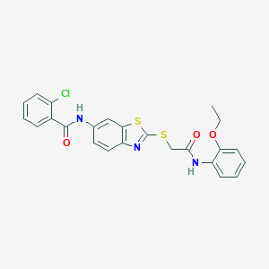 molecular formula C24H20ClN3O3S2 B282751 2-chloro-N-(2-{[2-(2-ethoxyanilino)-2-oxoethyl]sulfanyl}-1,3-benzothiazol-6-yl)benzamide 