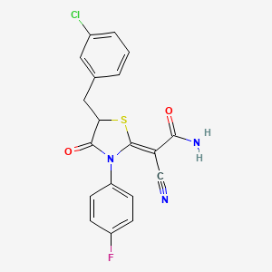 molecular formula C19H13ClFN3O2S B2827511 (Z)-2-(5-(3-chlorobenzyl)-3-(4-fluorophenyl)-4-oxothiazolidin-2-ylidene)-2-cyanoacetamide CAS No. 786676-72-0