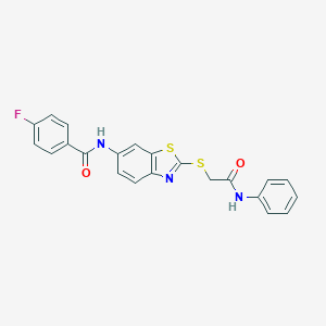 molecular formula C22H16FN3O2S2 B282752 4-fluoro-N-(2-{[2-oxo-2-(phenylamino)ethyl]sulfanyl}-1,3-benzothiazol-6-yl)benzamide 