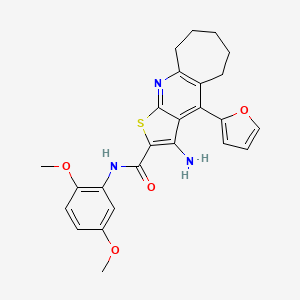 molecular formula C25H25N3O4S B2827539 3-amino-N-(2,5-dimethoxyphenyl)-4-(furan-2-yl)-6,7,8,9-tetrahydro-5H-cyclohepta[b]thieno[3,2-e]pyridine-2-carboxamide CAS No. 799817-62-2