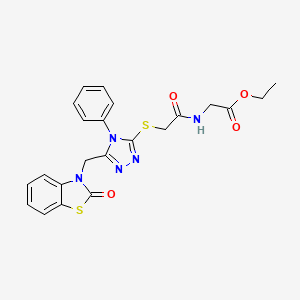 molecular formula C22H21N5O4S2 B2827554 ethyl 2-(2-((5-((2-oxobenzo[d]thiazol-3(2H)-yl)methyl)-4-phenyl-4H-1,2,4-triazol-3-yl)thio)acetamido)acetate CAS No. 847402-08-8