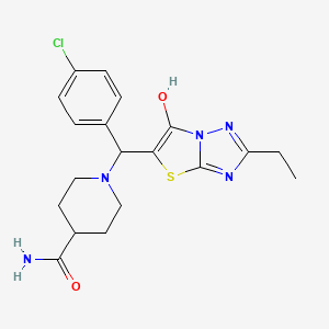 molecular formula C19H22ClN5O2S B2827555 1-((4-氯苯基)(2-乙基-6-羟基噻唑并[3,2-b][1,2,4]三唑-5-基)甲基)哌啶-4-甲酰胺 CAS No. 898345-36-3