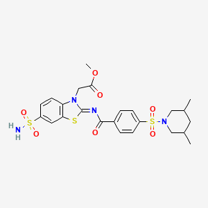 molecular formula C24H28N4O7S3 B2827575 (Z)-methyl 2-(2-((4-((3,5-dimethylpiperidin-1-yl)sulfonyl)benzoyl)imino)-6-sulfamoylbenzo[d]thiazol-3(2H)-yl)acetate CAS No. 865198-96-5