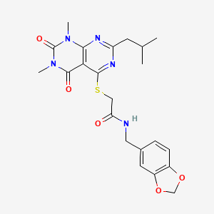 molecular formula C22H25N5O5S B2827593 N-(benzo[d][1,3]dioxol-5-ylmethyl)-2-((2-isobutyl-6,8-dimethyl-5,7-dioxo-5,6,7,8-tetrahydropyrimido[4,5-d]pyrimidin-4-yl)thio)acetamide CAS No. 893903-46-3