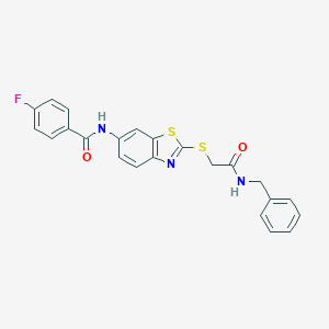 molecular formula C23H18FN3O2S2 B282762 N-(2-{[2-(benzylamino)-2-oxoethyl]sulfanyl}-1,3-benzothiazol-6-yl)-4-fluorobenzamide 