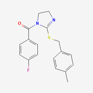 molecular formula C18H17FN2OS B2827623 (4-fluorophenyl)(2-((4-methylbenzyl)thio)-4,5-dihydro-1H-imidazol-1-yl)methanone CAS No. 851805-04-4