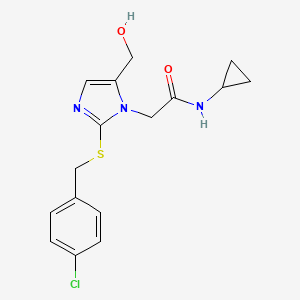 molecular formula C16H18ClN3O2S B2827642 2-(2-((4-氯苄基)硫基)-5-(羟甲基)-1H-咪唑-1-基)-N-环丙基乙酰胺 CAS No. 921568-50-5