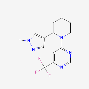 molecular formula C14H16F3N5 B2827650 4-[2-(1-Methylpyrazol-4-yl)piperidin-1-yl]-6-(trifluoromethyl)pyrimidine CAS No. 2380179-18-8