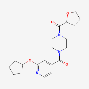 molecular formula C20H27N3O4 B2827657 (4-(2-(Cyclopentyloxy)isonicotinoyl)piperazin-1-yl)(tetrahydrofuran-2-yl)methanone CAS No. 2034392-89-5