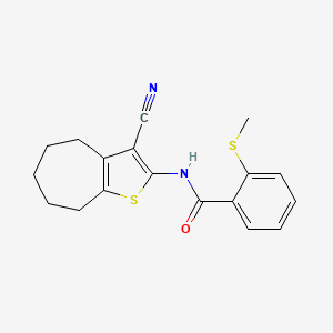 molecular formula C18H18N2OS2 B2827725 N-(3-cyano-5,6,7,8-tetrahydro-4H-cyclohepta[b]thiophen-2-yl)-2-(methylthio)benzamide CAS No. 896347-35-6