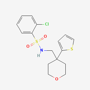 molecular formula C16H18ClNO3S2 B2827747 2-chloro-N-((4-(thiophen-2-yl)tetrahydro-2H-pyran-4-yl)methyl)benzenesulfonamide CAS No. 1203091-00-2