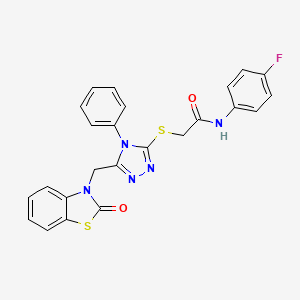 molecular formula C24H18FN5O2S2 B2827787 N-(4-fluorophenyl)-2-((5-((2-oxobenzo[d]thiazol-3(2H)-yl)methyl)-4-phenyl-4H-1,2,4-triazol-3-yl)thio)acetamide CAS No. 847402-05-5