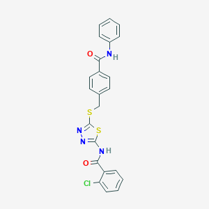 molecular formula C23H17ClN4O2S2 B282782 2-chloro-N-(5-{[4-(phenylcarbamoyl)benzyl]sulfanyl}-1,3,4-thiadiazol-2-yl)benzamide 