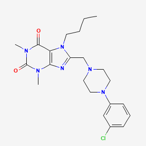 molecular formula C22H29ClN6O2 B2827846 7-Butyl-8-[[4-(3-chlorophenyl)-1-piperazinyl]methyl]-1,3-dimethylpurine-2,6-dione CAS No. 851937-66-1