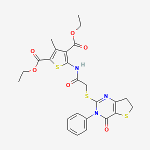 molecular formula C25H25N3O6S3 B2827861 Diethyl 3-methyl-5-(2-((4-oxo-3-phenyl-3,4,6,7-tetrahydrothieno[3,2-d]pyrimidin-2-yl)thio)acetamido)thiophene-2,4-dicarboxylate CAS No. 850915-22-9