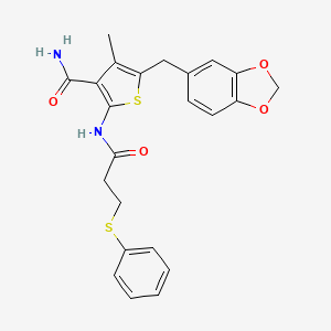 molecular formula C23H22N2O4S2 B2827874 5-(Benzo[d][1,3]dioxol-5-ylmethyl)-4-methyl-2-(3-(phenylthio)propanamido)thiophene-3-carboxamide CAS No. 476368-94-2