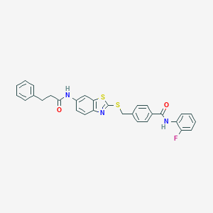molecular formula C30H24FN3O2S2 B282789 N-(2-fluorophenyl)-4-[({6-[(3-phenylpropanoyl)amino]-1,3-benzothiazol-2-yl}sulfanyl)methyl]benzamide 