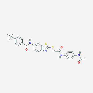 molecular formula C28H28N4O3S2 B282790 N-{2-[(2-{[4-(acetylamino)phenyl]amino}-2-oxoethyl)sulfanyl]-1,3-benzothiazol-6-yl}-4-tert-butylbenzamide 