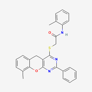 molecular formula C27H23N3O2S B2827911 2-((9-methyl-2-phenyl-5H-chromeno[2,3-d]pyrimidin-4-yl)thio)-N-(o-tolyl)acetamide CAS No. 866873-23-6