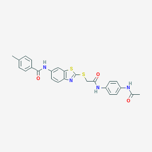 molecular formula C25H22N4O3S2 B282792 N-{2-[(2-{[4-(acetylamino)phenyl]amino}-2-oxoethyl)sulfanyl]-1,3-benzothiazol-6-yl}-4-methylbenzamide 