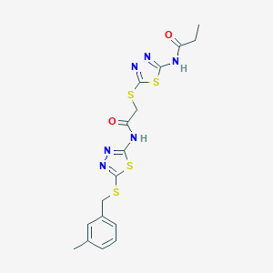 molecular formula C17H18N6O2S4 B282800 N-(5-{[2-({5-[(3-methylbenzyl)sulfanyl]-1,3,4-thiadiazol-2-yl}amino)-2-oxoethyl]sulfanyl}-1,3,4-thiadiazol-2-yl)propanamide 