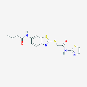 molecular formula C16H16N4O2S3 B282801 N-(2-{[2-oxo-2-(1,3-thiazol-2-ylamino)ethyl]sulfanyl}-1,3-benzothiazol-6-yl)butanamide 