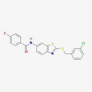 molecular formula C21H14ClFN2OS2 B282802 N-{2-[(3-chlorobenzyl)sulfanyl]-1,3-benzothiazol-6-yl}-4-fluorobenzamide 