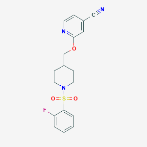 molecular formula C18H18FN3O3S B2828028 2-[[1-(2-Fluorophenyl)sulfonylpiperidin-4-yl]methoxy]pyridine-4-carbonitrile CAS No. 2380040-45-7