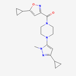 molecular formula C18H23N5O2 B2828050 (4-(3-cyclopropyl-1-methyl-1H-pyrazol-5-yl)piperazin-1-yl)(5-cyclopropylisoxazol-3-yl)methanone CAS No. 2034503-25-6