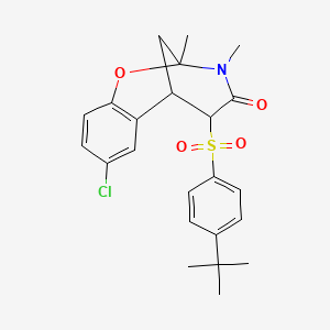 molecular formula C23H26ClNO4S B2828063 12-(4-Tert-butylbenzenesulfonyl)-4-chloro-9,10-dimethyl-8-oxa-10-azatricyclo[7.3.1.0^{2,7}]trideca-2,4,6-trien-11-one CAS No. 1052610-18-0