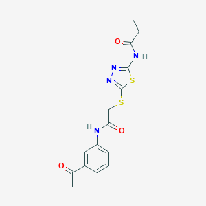 molecular formula C15H16N4O3S2 B282808 N-[5-({2-[(3-acetylphenyl)amino]-2-oxoethyl}sulfanyl)-1,3,4-thiadiazol-2-yl]propanamide 