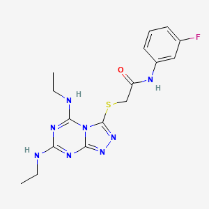 molecular formula C16H19FN8OS B2828083 2-((5,7-双(乙基氨基)-[1,2,4]三唑并[4,3-a][1,3,5]三嗪-3-基)硫代)-N-(3-氟苯基)乙酰胺 CAS No. 898414-60-3