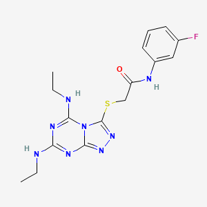 molecular formula C16H19FN8OS B2828083 2-((5,7-bis(ethylamino)-[1,2,4]triazolo[4,3-a][1,3,5]triazin-3-yl)thio)-N-(3-fluorophenyl)acetamide CAS No. 898414-60-3