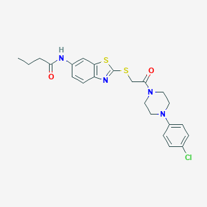 molecular formula C23H25ClN4O2S2 B282810 N-[2-({2-[4-(4-chlorophenyl)piperazin-1-yl]-2-oxoethyl}sulfanyl)-1,3-benzothiazol-6-yl]butanamide 
