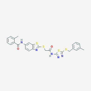 2-methyl-N-(2-{[2-({5-[(3-methylbenzyl)sulfanyl]-1,3,4-thiadiazol-2-yl}amino)-2-oxoethyl]sulfanyl}-1,3-benzothiazol-6-yl)benzamide
