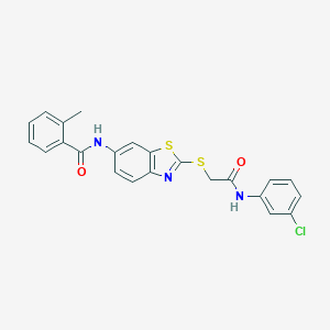 molecular formula C23H18ClN3O2S2 B282813 N-(2-{[2-(3-chloroanilino)-2-oxoethyl]sulfanyl}-1,3-benzothiazol-6-yl)-2-methylbenzamide 