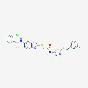 2-chloro-N-(2-{[2-({5-[(3-methylbenzyl)sulfanyl]-1,3,4-thiadiazol-2-yl}amino)-2-oxoethyl]sulfanyl}-1,3-benzothiazol-6-yl)benzamide