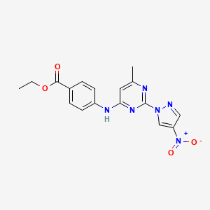 molecular formula C17H16N6O4 B2828187 乙酸-4-[[6-甲基-2-(4-硝基吡唑-1-基)嘧啶-4-基]氨基]苯甲酸酯 CAS No. 1001829-93-1