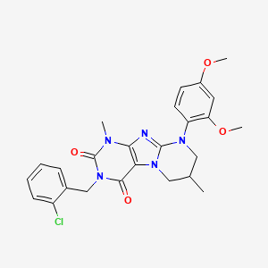 molecular formula C25H26ClN5O4 B2828224 3-(2-chlorobenzyl)-9-(2,4-dimethoxyphenyl)-1,7-dimethyl-6,7,8,9-tetrahydropyrimido[2,1-f]purine-2,4(1H,3H)-dione CAS No. 877617-91-9