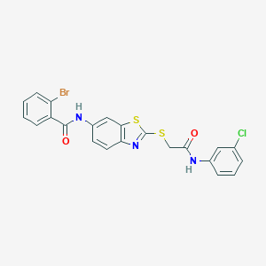 molecular formula C22H15BrClN3O2S2 B282823 2-bromo-N-[2-({2-[(3-chlorophenyl)amino]-2-oxoethyl}sulfanyl)-1,3-benzothiazol-6-yl]benzamide 