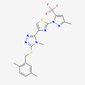 molecular formula C20H19F3N6S2 B2828239 3-[(2,5-二甲基苯基)硫基]-4-甲基-5-{2-[3-甲基-5-(三氟甲基)-1H-吡唑-1-基]-1,3-噻唑-4-基}-4H-1,2,4-三唑 CAS No. 956754-74-8