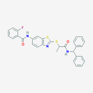 molecular formula C30H24FN3O2S2 B282824 N-[2-({1-[(diphenylmethyl)amino]-1-oxopropan-2-yl}sulfanyl)-1,3-benzothiazol-6-yl]-2-fluorobenzamide 