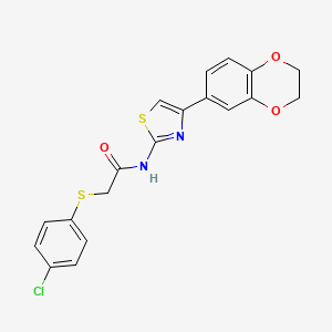 molecular formula C19H15ClN2O3S2 B2828259 2-((4-氯苯基)硫基)-N-(4-(2,3-二氢苯并[b][1,4]二噁嗪-6-基)噻唑-2-基)乙酰胺 CAS No. 895470-59-4