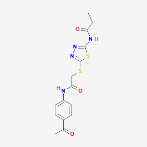 molecular formula C15H16N4O3S2 B282829 N-(5-{[2-(4-acetylanilino)-2-oxoethyl]sulfanyl}-1,3,4-thiadiazol-2-yl)propanamide 
